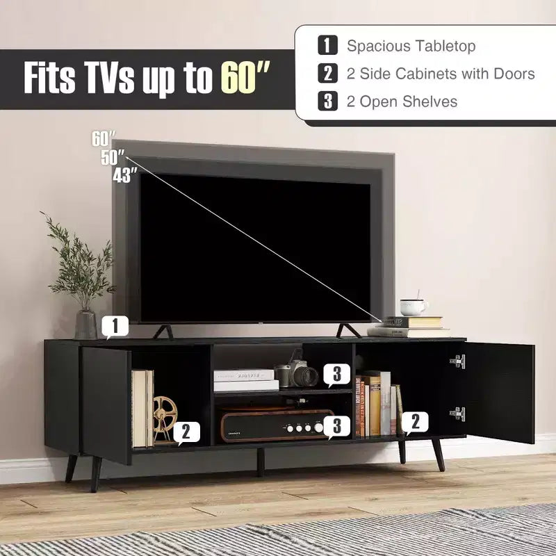 Meuble TV Costway pour téléviseurs 60 pouces, console multimédia moderne du milieu du siècle avec étagère réglable, brun/noir