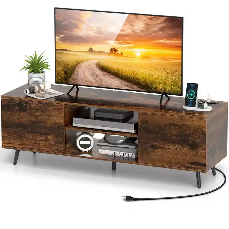 Meuble TV Costway pour téléviseurs 60 pouces, console multimédia moderne du milieu du siècle avec étagère réglable, brun/noir