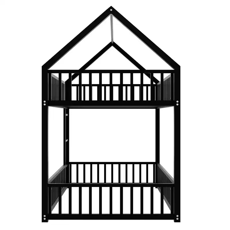 Lit superposé cabane en métal, jumeau sur jumeau, avec clôture et porte