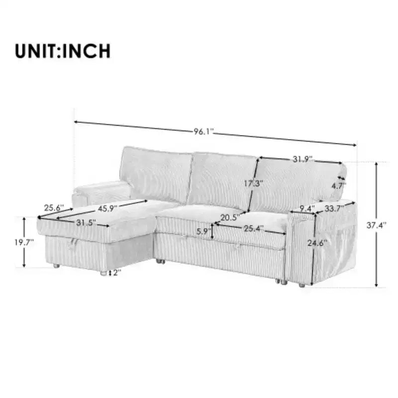 Canapé-lit sectionnel avec revêtement rembourré, poches de rangement intégrées et deux porte-gobelets sur les accoudoirs