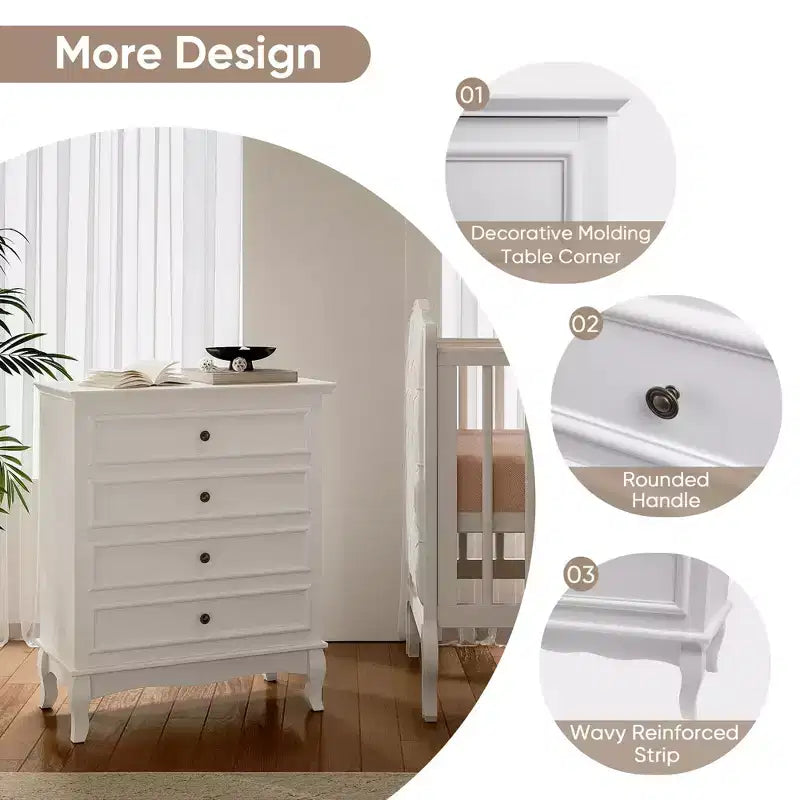Commode Heynemo à 4 tiroirs, grande commode de rangement avec glissières à billes, idéale pour la chambre, le salon, le couloir, l'entrée.