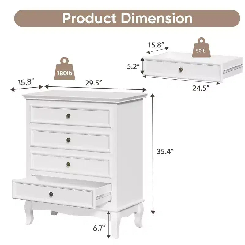 Commode Heynemo à 4 tiroirs, grande commode de rangement avec glissières à billes, idéale pour la chambre, le salon, le couloir, l'entrée.