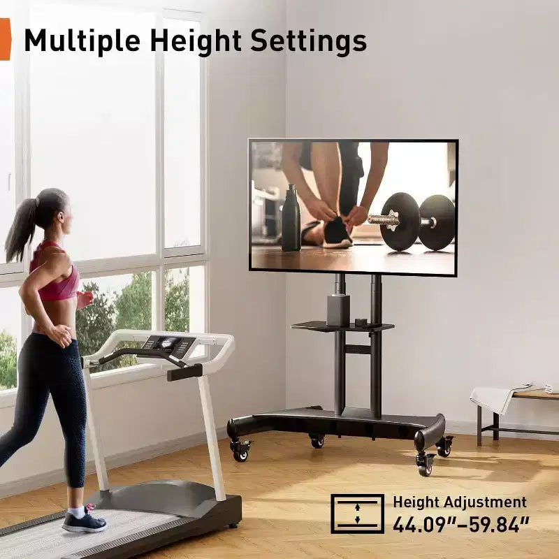 Chariot TV mobile Perlegear pour téléviseurs plats/incurvés de 32 à 80 pouces, support roulant avec étagère réglable en hauteur, VESA max 600x400mm, supporte jusqu'à 45 kg
