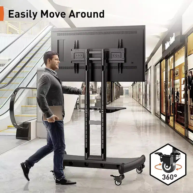 Chariot TV mobile Perlegear pour téléviseurs plats/incurvés de 32 à 80 pouces, support roulant avec étagère réglable en hauteur, VESA max 600x400mm, supporte jusqu'à 45 kg