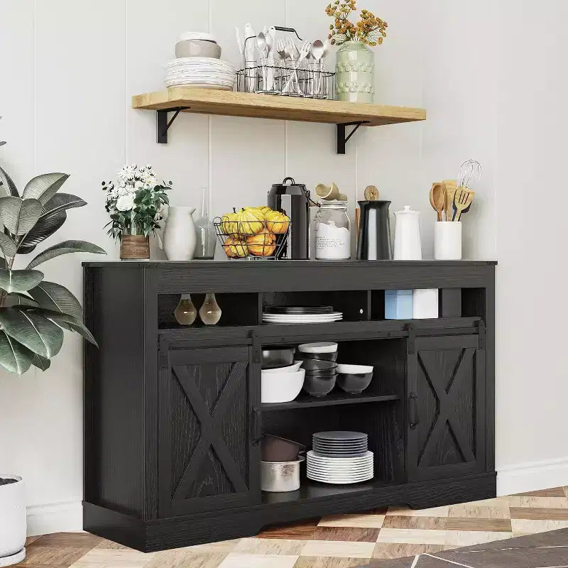 Meuble TV de ferme Heynemo avec porte coulissante pour téléviseurs jusqu'à 65''+, meuble de divertissement de 34 pouces de haut pour chambre à coucher, salon