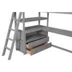 Lit mezzanine en bois Whisen 79,5''L*57,1''W avec bureau, étagères et deux tiroirs intégrés, design multifonctionnel