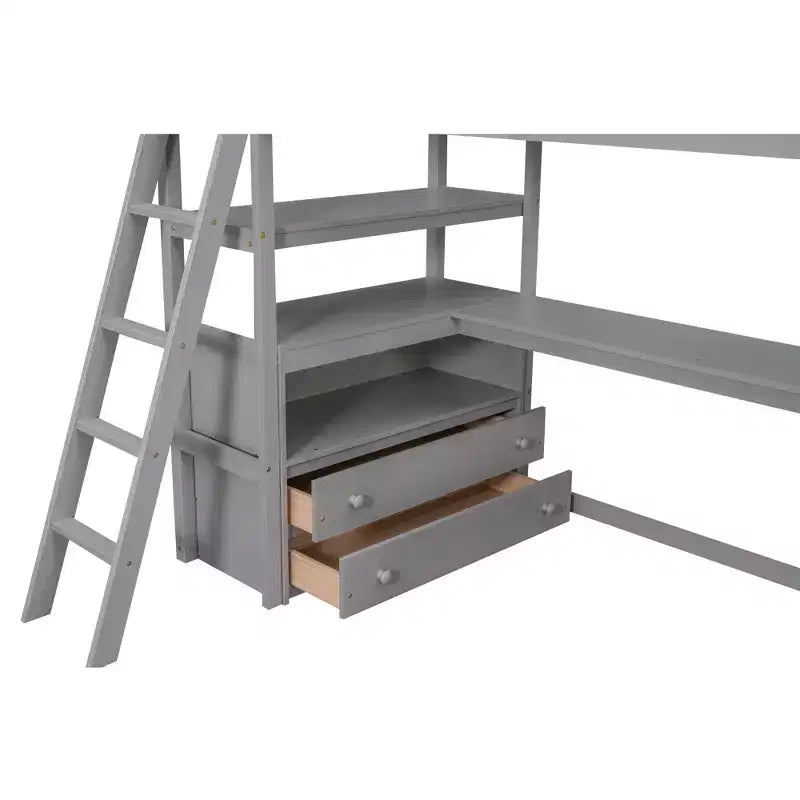 Lit mezzanine en bois Whisen 79,5''L*57,1''W avec bureau, étagères et deux tiroirs intégrés, design multifonctionnel