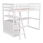 Lit mezzanine en bois Whisen 79,5''L*57,1''W avec bureau, étagères et deux tiroirs intégrés, design multifonctionnel