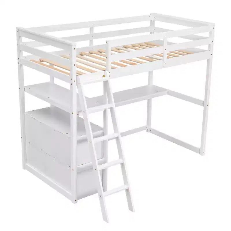 Lit mezzanine en bois Whisen 79,5''L*57,1''W avec bureau, étagères et deux tiroirs intégrés, design multifonctionnel