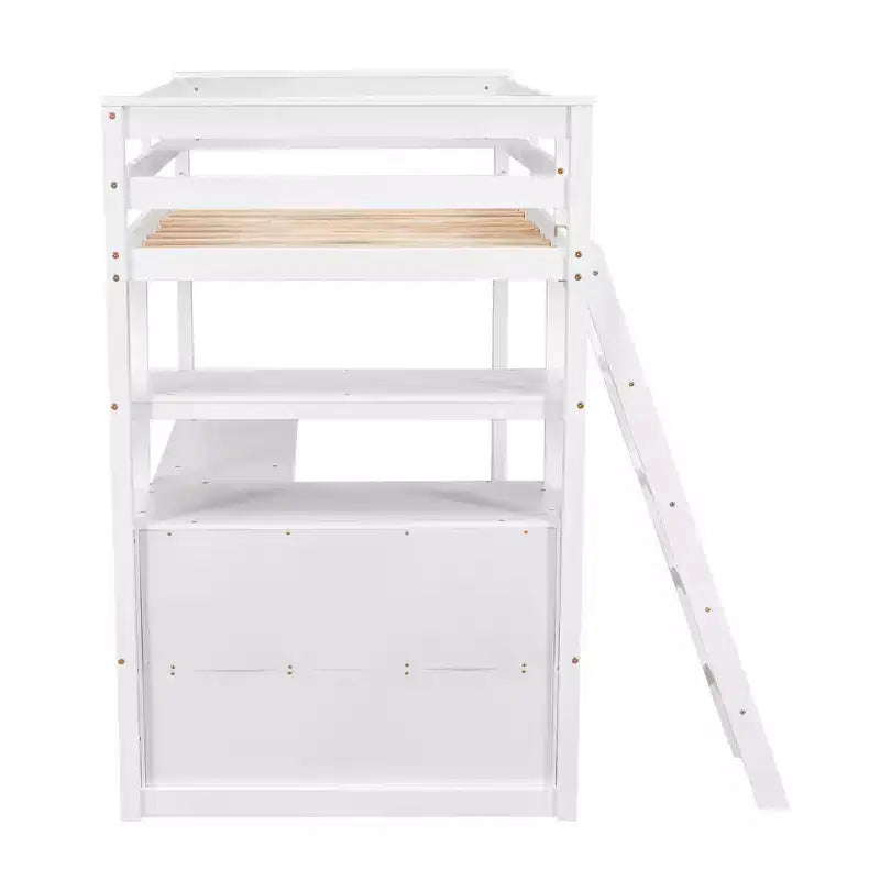 Lit mezzanine en bois Whisen 79,5''L*57,1''W avec bureau, étagères et deux tiroirs intégrés, design multifonctionnel