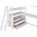 Lit mezzanine en bois Whisen 79,5''L*57,1''W avec bureau, étagères et deux tiroirs intégrés, design multifonctionnel