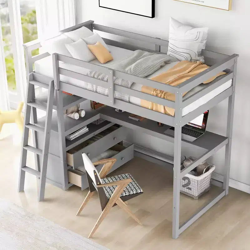 Lit mezzanine en bois Whisen 79,5''L*57,1''W avec bureau, étagères et deux tiroirs intégrés, design multifonctionnel