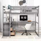 Lit mezzanine en bois Whisen 79,5''L*57,1''W avec bureau, étagères et deux tiroirs intégrés, design multifonctionnel