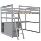 Lit mezzanine en bois Whisen 79,5''L*57,1''W avec bureau, étagères et deux tiroirs intégrés, design multifonctionnel
