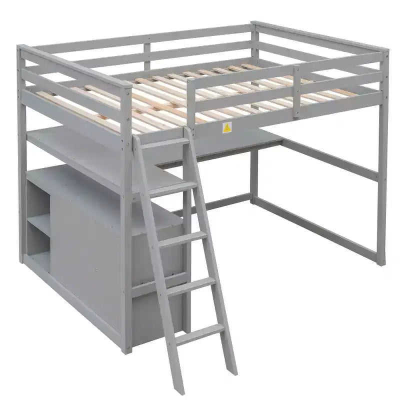 Lit mezzanine en bois Whisen 79,5''L*57,1''W avec bureau, étagères et deux tiroirs intégrés, design multifonctionnel