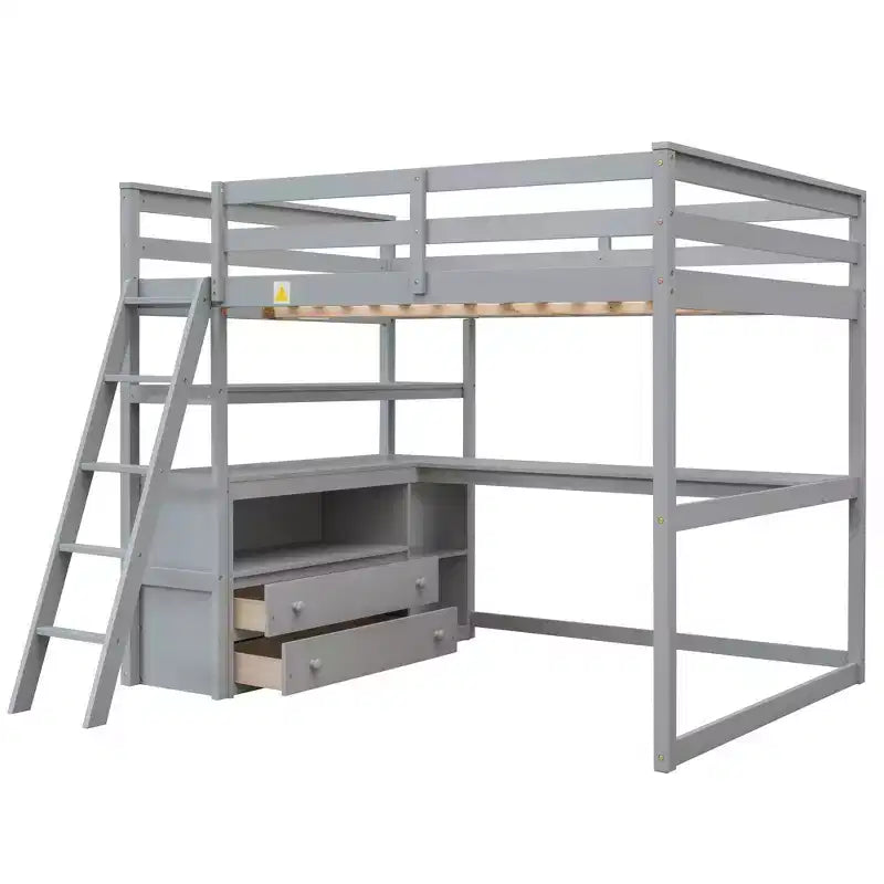 Lit mezzanine en bois Whisen 79,5''L*57,1''W avec bureau, étagères et deux tiroirs intégrés, design multifonctionnel