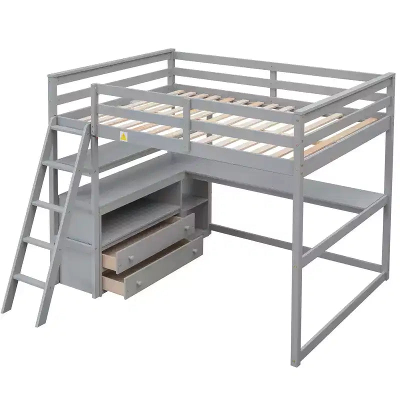 Lit mezzanine en bois Whisen 79,5''L*57,1''W avec bureau, étagères et deux tiroirs intégrés, design multifonctionnel