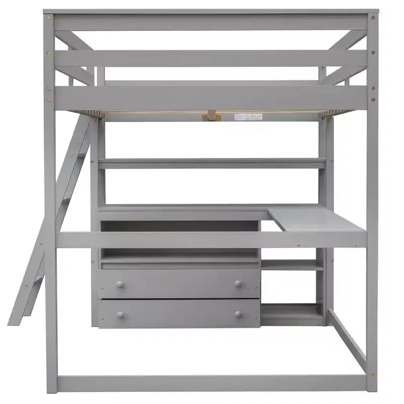 Lit mezzanine en bois Whisen 79,5''L*57,1''W avec bureau, étagères et deux tiroirs intégrés, design multifonctionnel