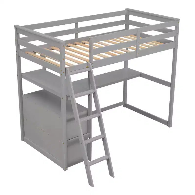 Lit mezzanine en bois Whisen 79,5''L*57,1''W avec bureau, étagères et deux tiroirs intégrés, design multifonctionnel