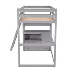 Lit mezzanine en bois Whisen 79,5''L*57,1''W avec bureau, étagères et deux tiroirs intégrés, design multifonctionnel