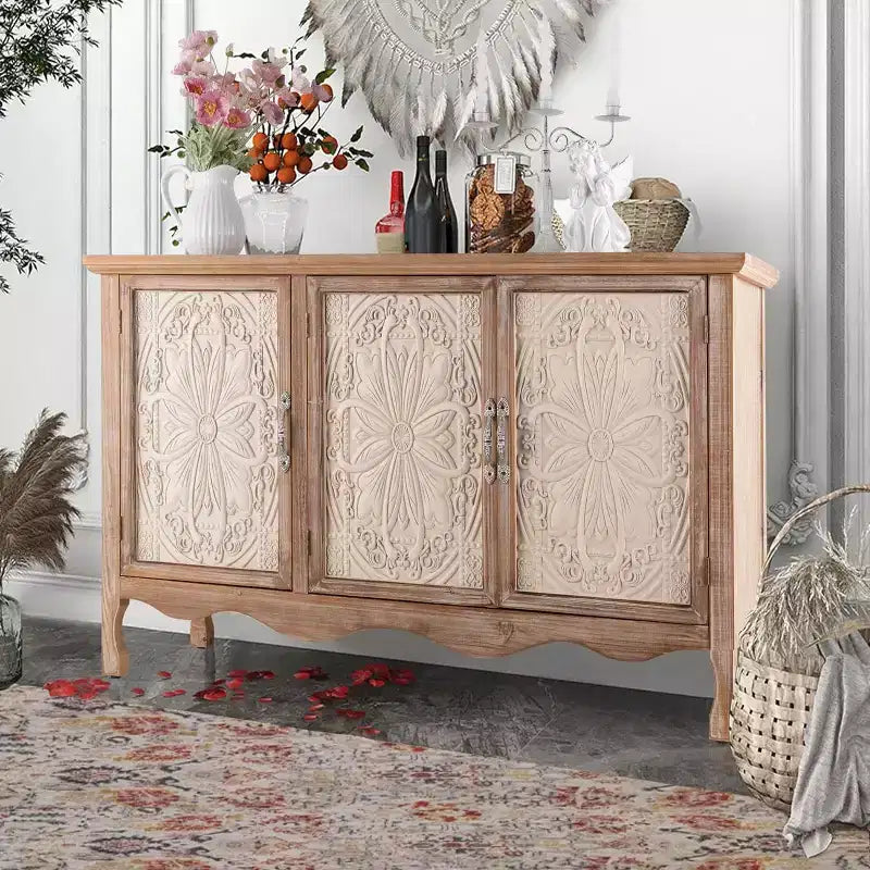 Heynemo Meuble d'Appoint Rustique avec 3 Portes Sculptées, Buffet Vaisselier Vintage avec Étagères
