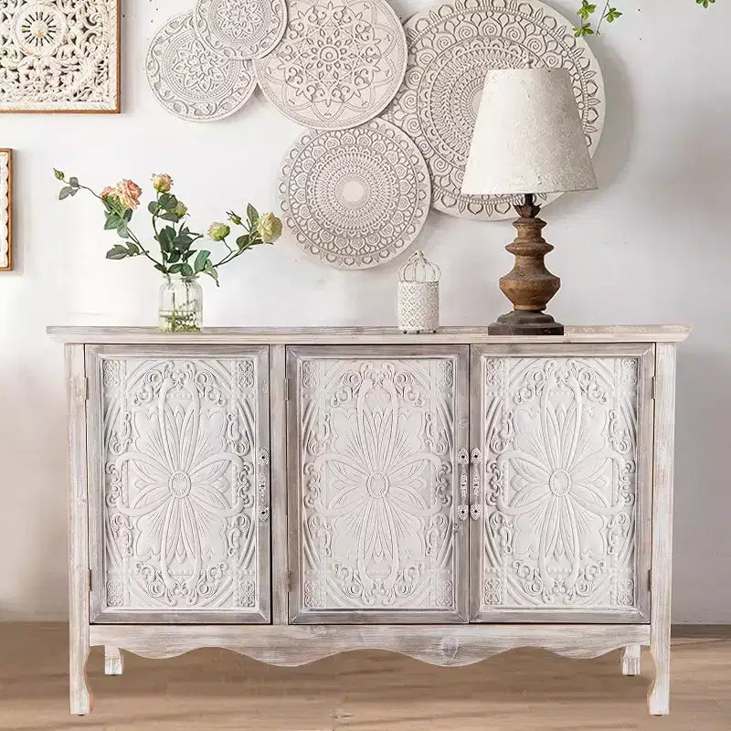 Heynemo Meuble d'Appoint Rustique avec 3 Portes Sculptées, Buffet Vaisselier Vintage avec Étagères