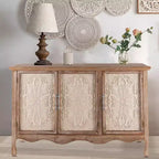 Heynemo Meuble d'Appoint Rustique avec 3 Portes Sculptées, Buffet Vaisselier Vintage avec Étagères