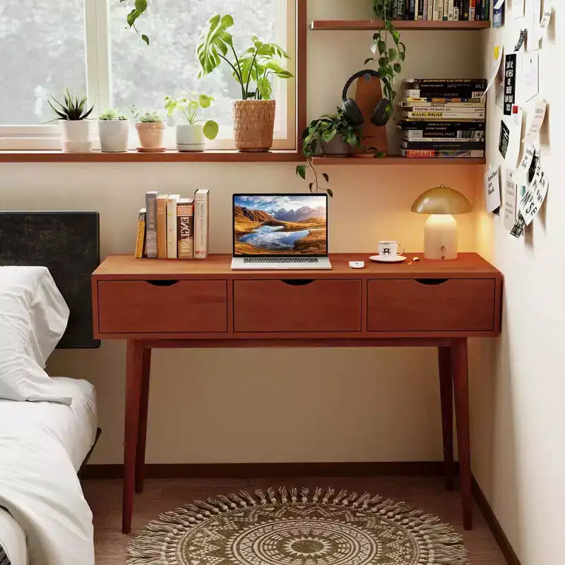 Bureau d'écriture Costway 48, bureau d'ordinateur, table de travail moderne du milieu du siècle avec 3 tiroirs