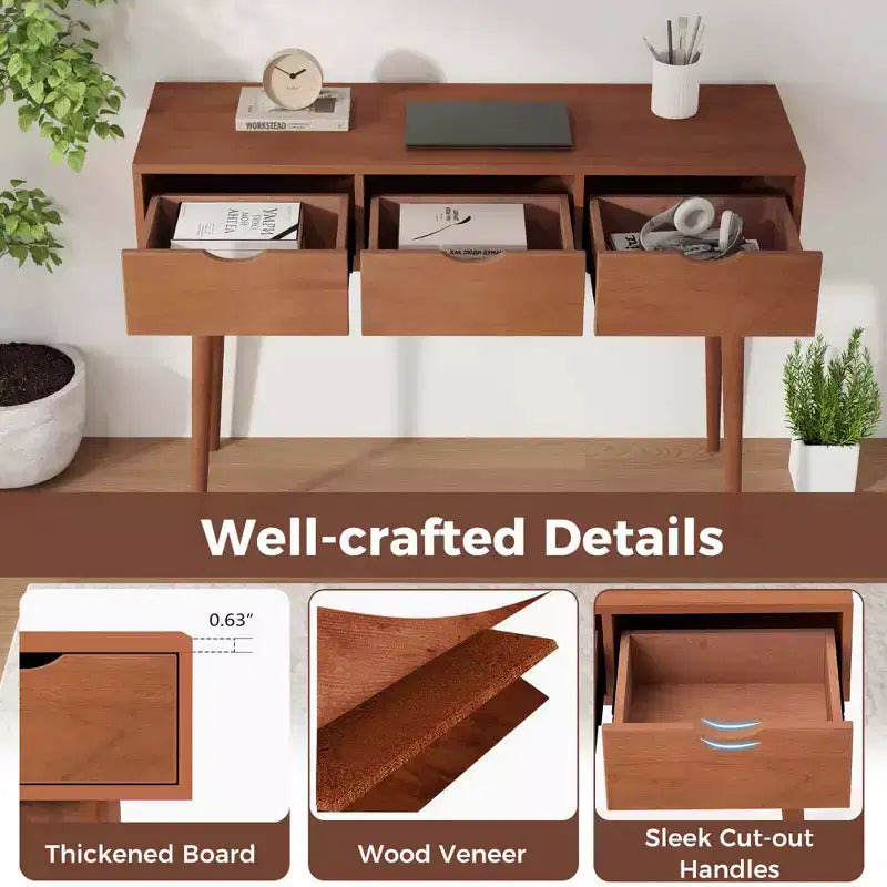 Bureau d'écriture Costway 48, bureau d'ordinateur, table de travail moderne du milieu du siècle avec 3 tiroirs