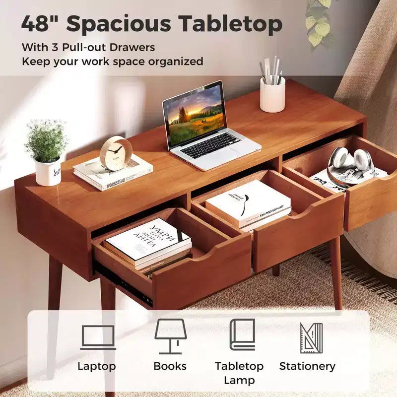 Bureau d'écriture Costway 48, bureau d'ordinateur, table de travail moderne du milieu du siècle avec 3 tiroirs