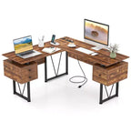 Costway Bureau d'ordinateur en forme de L de 59 pouces avec prises de courant et 3 tiroirs de rangement, poste de travail informatique industriel avec cadre en métal robuste, marron rustique