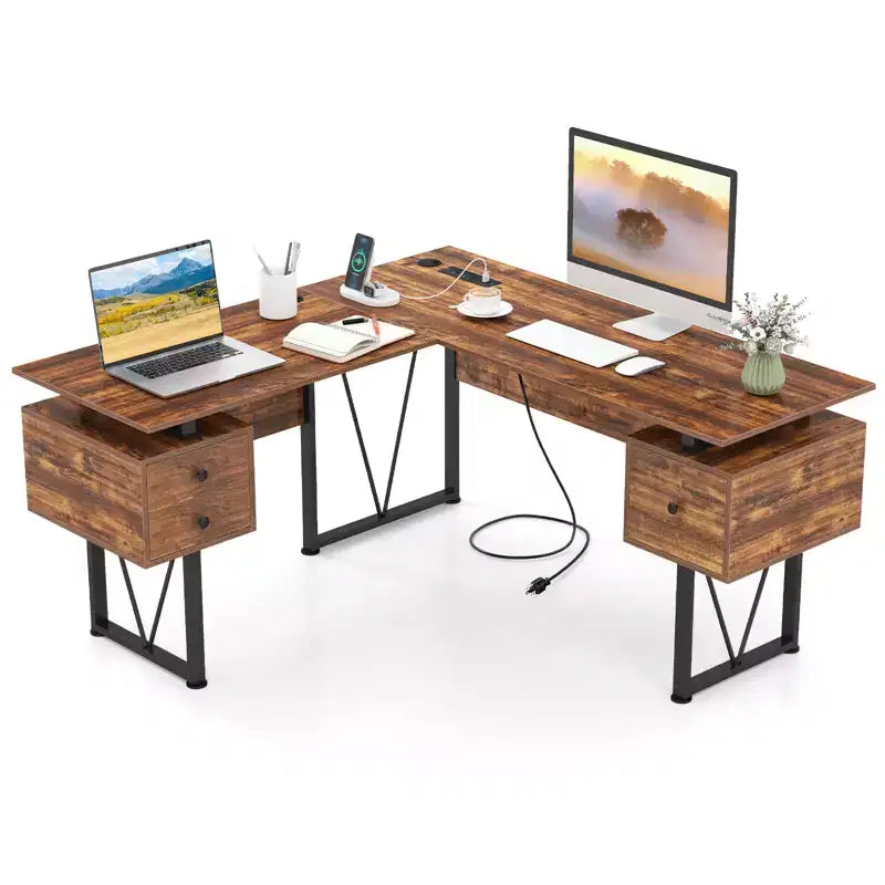 Costway Bureau d'ordinateur en forme de L de 59 pouces avec prises de courant et 3 tiroirs de rangement, poste de travail informatique industriel avec cadre en métal robuste, marron rustique
