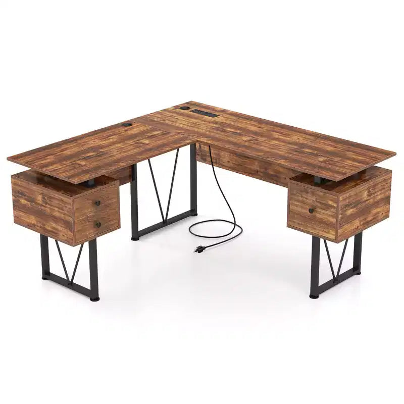 Costway Bureau d'ordinateur en forme de L de 59 pouces avec prises de courant et 3 tiroirs de rangement, poste de travail informatique industriel avec cadre en métal robuste, marron rustique