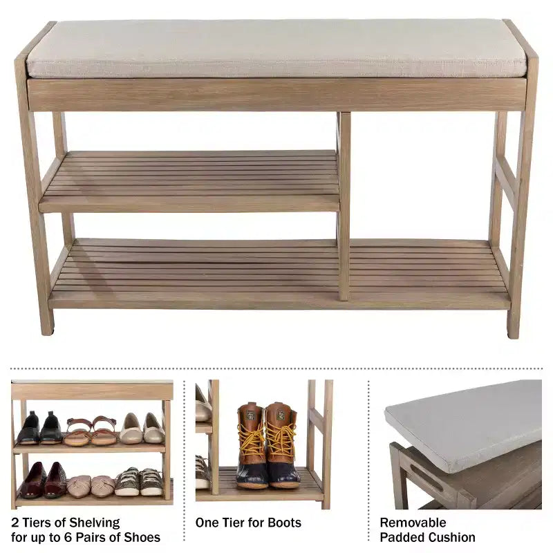Banc à Chaussures, Étagère à Chaussures en Bois à 3 Niveaux avec Coussin Rembourré