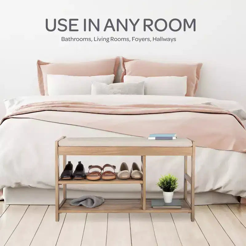 Banc à Chaussures, Étagère à Chaussures en Bois à 3 Niveaux avec Coussin Rembourré