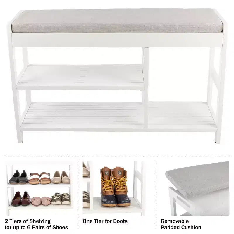 Banc à Chaussures, Étagère à Chaussures en Bois à 3 Niveaux avec Coussin Rembourré