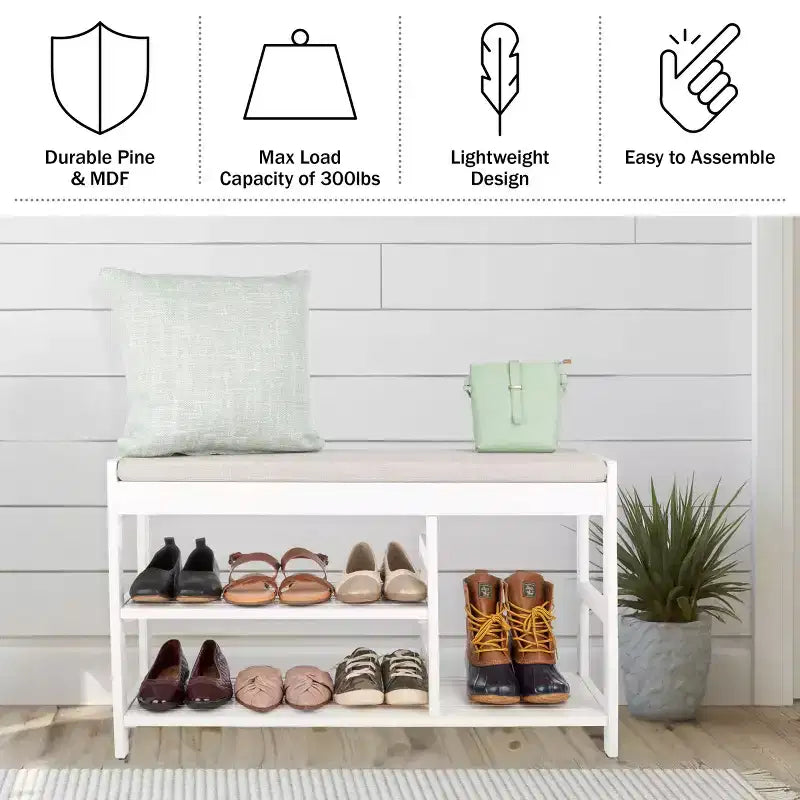 Banc à Chaussures, Étagère à Chaussures en Bois à 3 Niveaux avec Coussin Rembourré