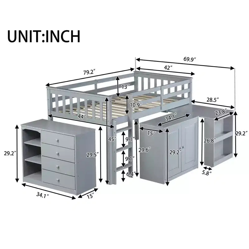 Lit mezzanine double Whisen 79,2L x 42W avec armoire de rangement, tiroir et étagère et bureau coulissant