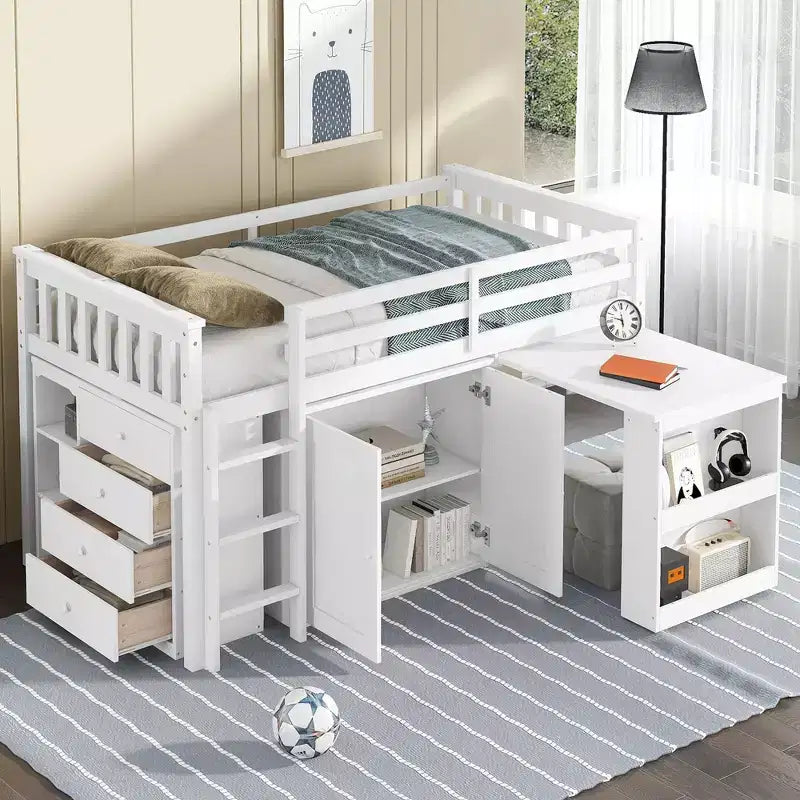 Lit mezzanine double Whisen 79,2L x 42W avec armoire de rangement, tiroir et étagère et bureau coulissant