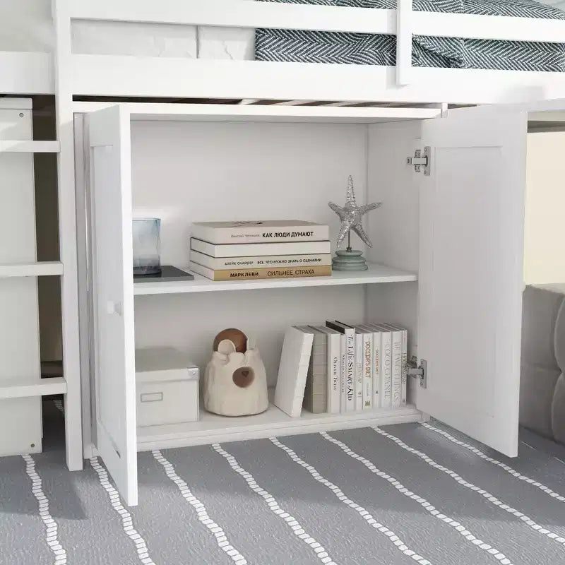 Lit mezzanine double Whisen 79,2L x 42W avec armoire de rangement, tiroir et étagère et bureau coulissant