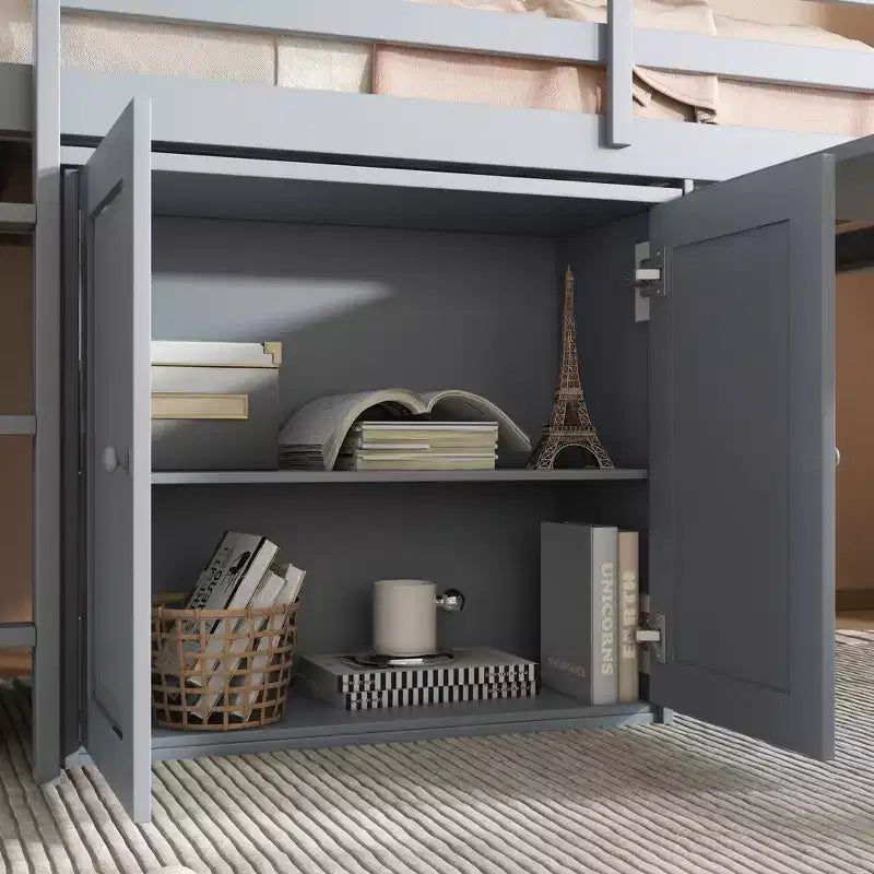 Lit mezzanine double Whisen 79,2L x 42W avec armoire de rangement, tiroir et étagère et bureau coulissant
