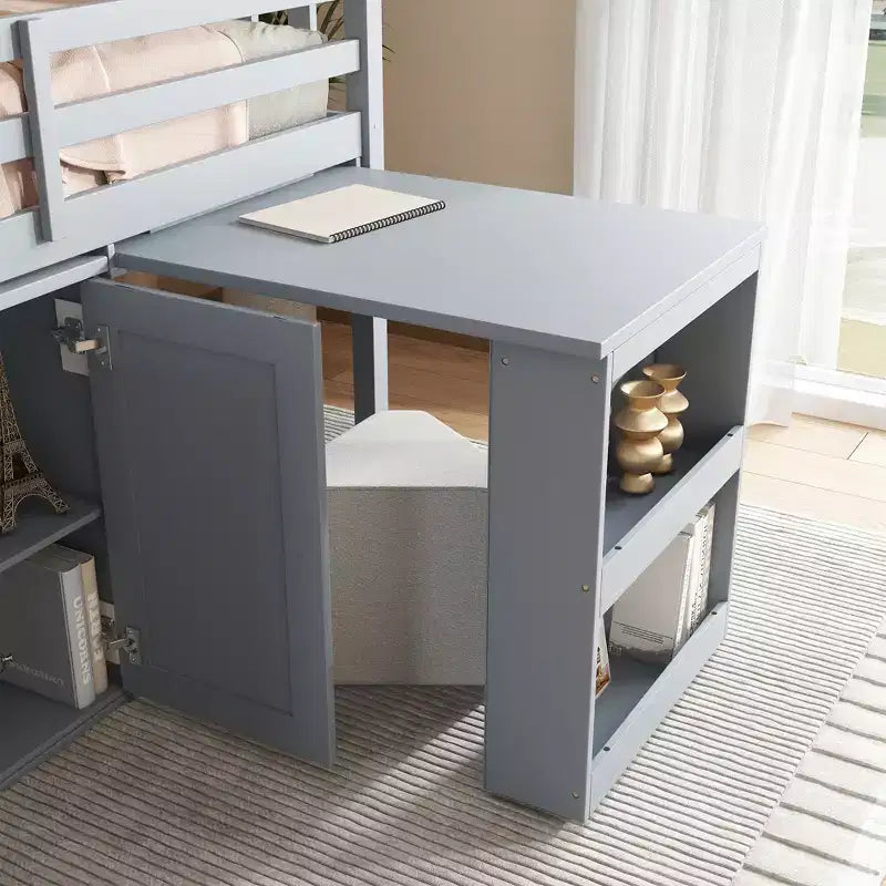 Lit mezzanine double Whisen 79,2L x 42W avec armoire de rangement, tiroir et étagère et bureau coulissant