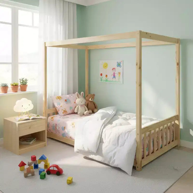Lit au sol Montessori Whisen avec baldaquin, barrière et garde-corps, taille double minimaliste