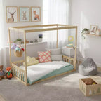 Lit au sol Montessori Whisen avec baldaquin, barrière et garde-corps, taille double minimaliste