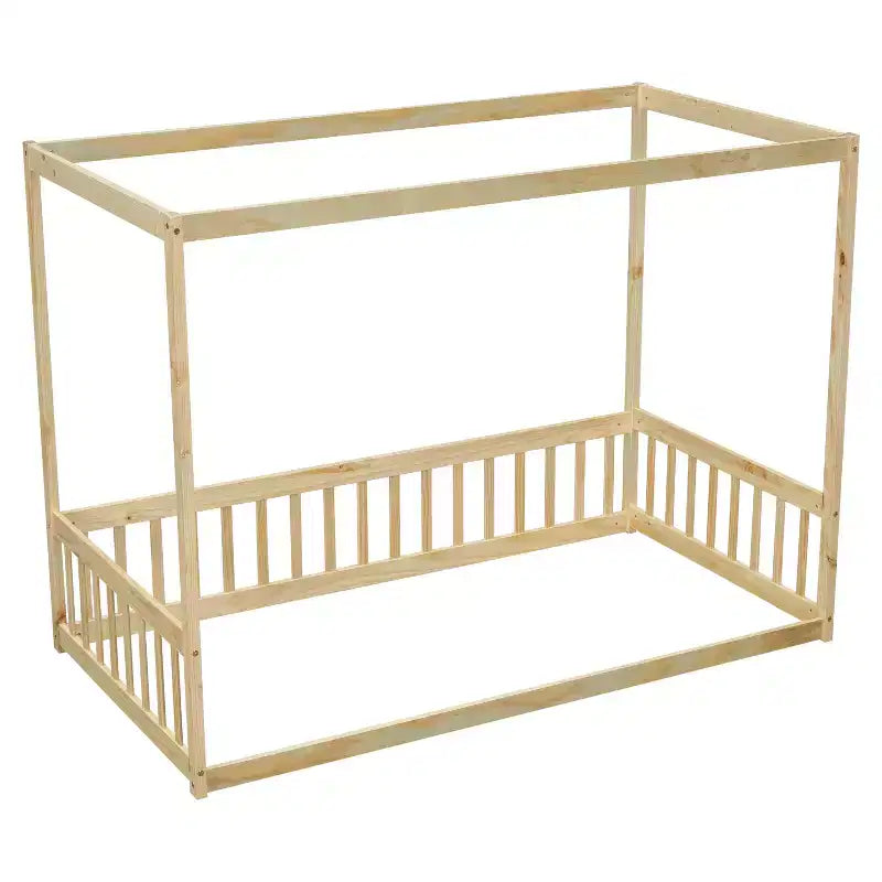 Lit au sol Montessori Whisen avec baldaquin, barrière et garde-corps, taille double minimaliste