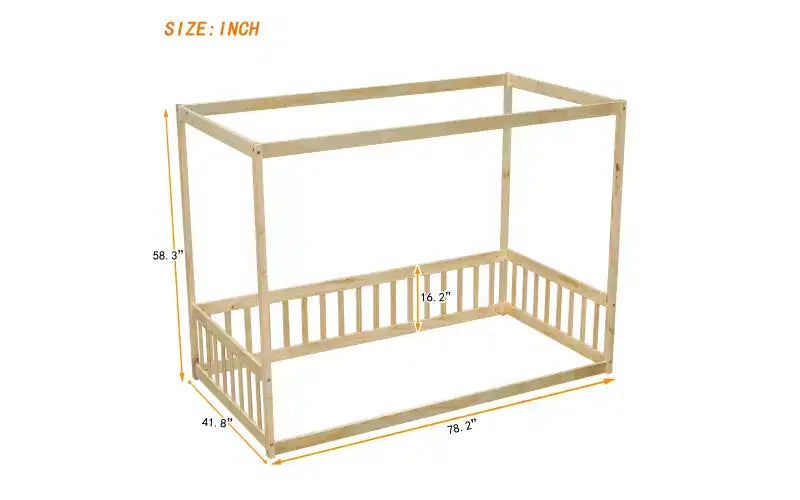 Lit au sol Montessori Whisen avec baldaquin, barrière et garde-corps, taille double minimaliste
