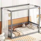 Lit au sol Montessori Whisen avec baldaquin, barrière et garde-corps, taille double minimaliste