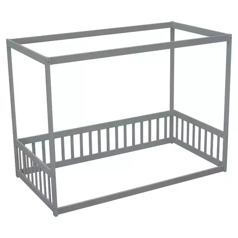 Lit au sol Montessori Whisen avec baldaquin, barrière et garde-corps, taille double minimaliste