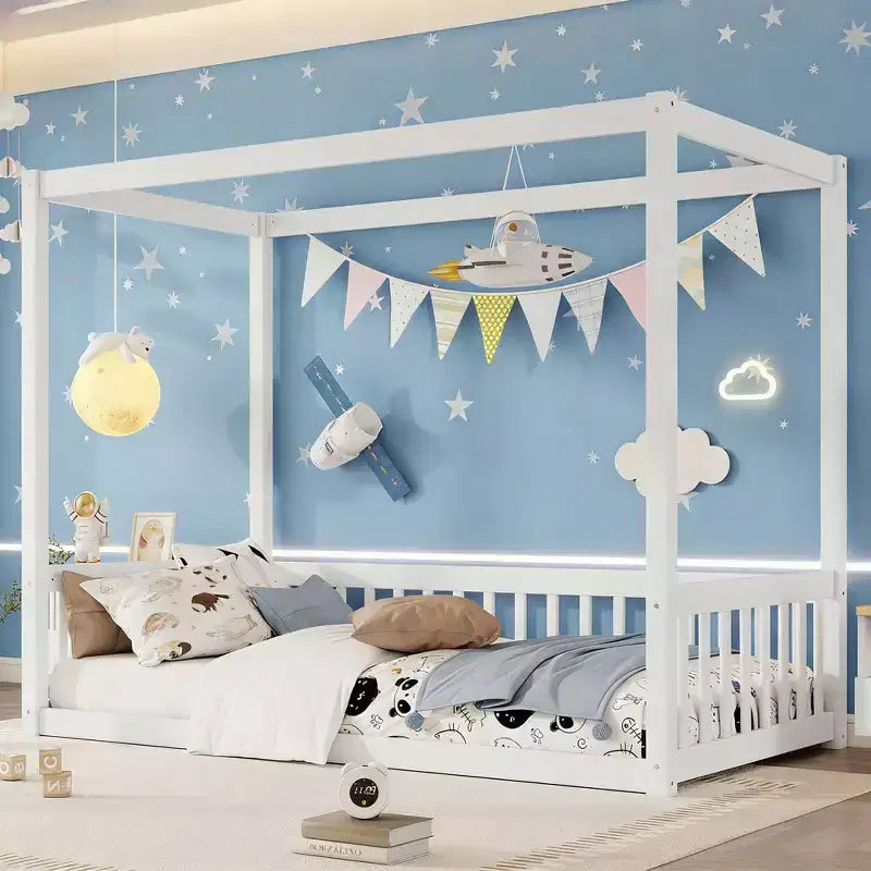 Lit au sol Montessori Whisen avec baldaquin, barrière et garde-corps, taille double minimaliste