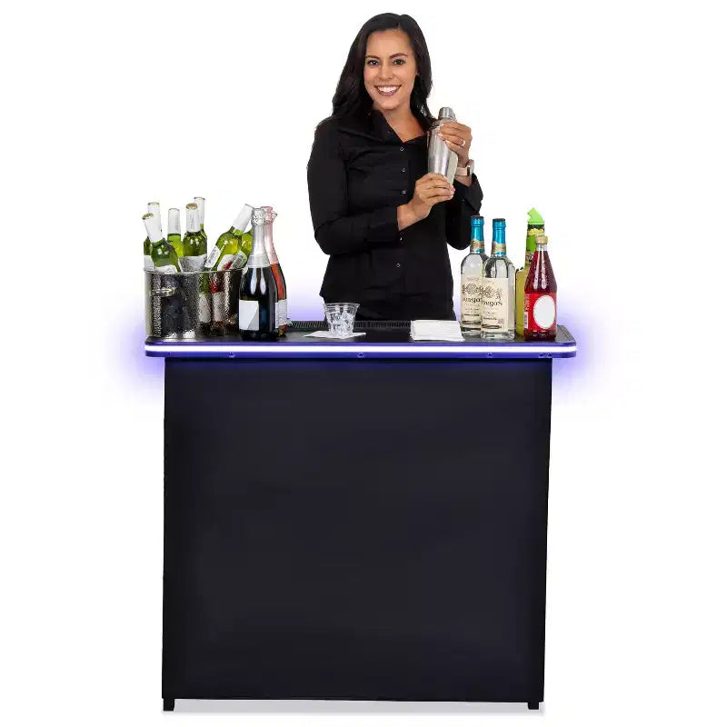 GoBar Portable Bar Table with Multi-Color LED Lights - Mobile Bartender Station for Events - Includes Carrying Case - Black